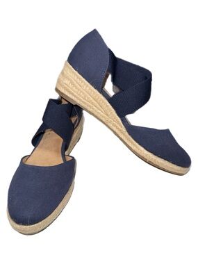 Life Stride Navy Canvas Espadrille Wedge Sandals with Elastic Straps